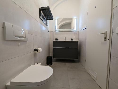 于伯林根Im Alten Gefängnis的白色的浴室设有卫生间和水槽。