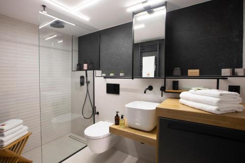 卡拉米锡Inorato - Luxury Villas with Private Swimming Pool的浴室配有卫生间水槽和淋浴。