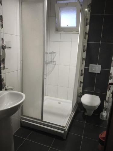 锡德ELSİRA APART的带淋浴、卫生间和盥洗盆的浴室