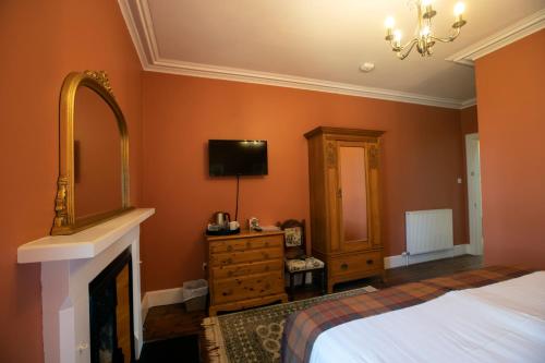 阿伯劳尔卡杜乡村别墅酒店的一间卧室配有一张床、镜子和壁炉