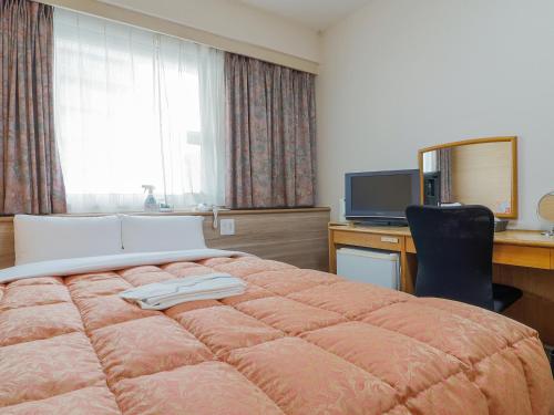 冈山玛丽亚酒店的一间卧室配有一张床、一张书桌和一台电视