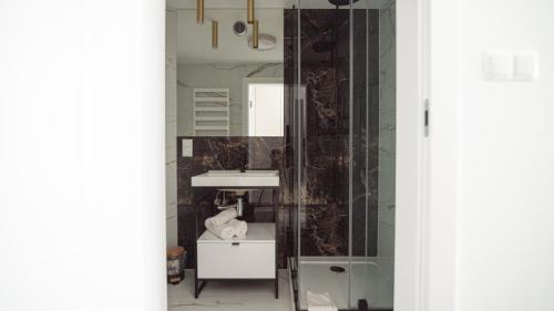科沃布热格APARTAMENT Z WIDOKIEM NA MORZE的一间带水槽和镜子的浴室