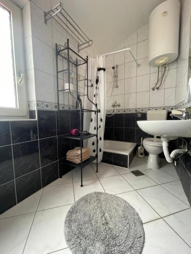 马斯莱尼察弗利根公寓的浴室配有盥洗盆、卫生间和浴缸。