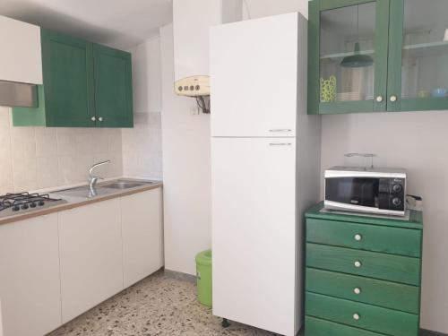 奥西莫SENZATESTA 2的厨房配有绿色和白色的橱柜和微波炉