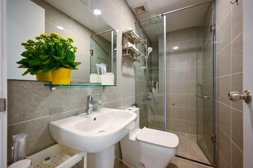 胡志明市Bearshouse - Terra Royal的一间带水槽、卫生间和镜子的浴室