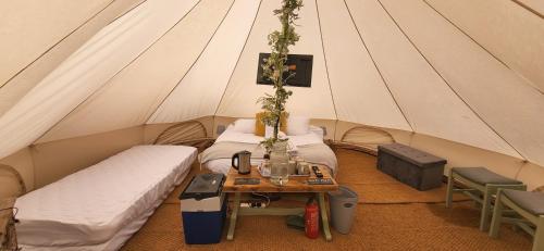 GwredogB&B Glamping Bell Tents at The Ring Pub的帐篷配有两张床和一张桌子