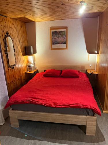 埃沃莱讷Au village d'Evolène, très joli studio calme et ensoleillé的一间卧室配有一张带红色床单的大床