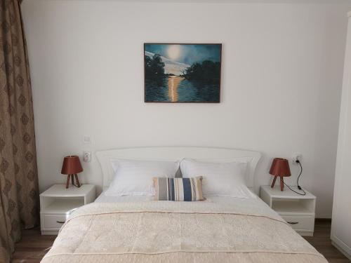 茹里洛夫卡Casa EMMA的卧室配有带两盏灯的白色床