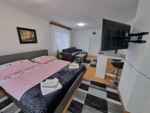 格赖因Pension DonauBlick Grein 1 , Spitzfeldstr 1的一间卧室配有一张床和一台平面电视