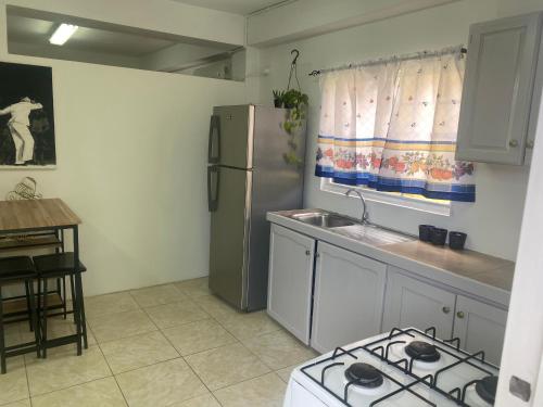 斯卡伯勒Cozy Quarters Tobago的厨房配有炉灶和冰箱。