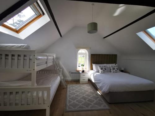 基尔肯尼Knockreagh Farm Cottages, Callan, Kilkenny的一间卧室设有两张双层床和一扇窗户。