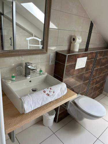 Saint-Point-LacL'ECRIN DU LAC chambres d'hôtes的一间带水槽、卫生间和镜子的浴室