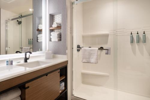 米尔布雷Residence Inn by Marriott San Francisco Airport Millbrae Station的一间带水槽和淋浴的浴室