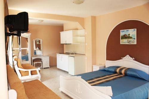 帕莫瑞Family Hotel Paros 2的一间卧室配有一张床和一台电视。