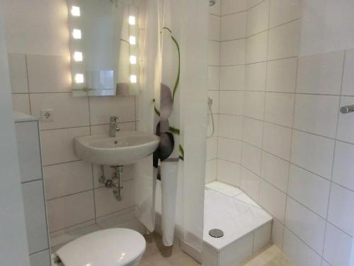 SchwesingLandquartier的白色的浴室设有卫生间和水槽。