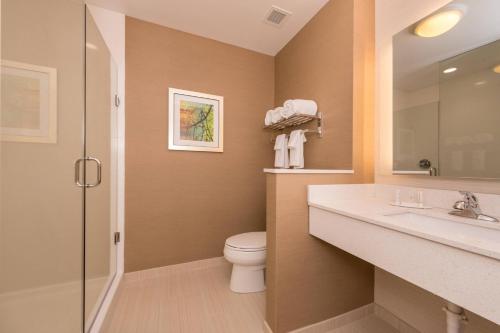 亨廷顿Fairfield Inn & Suites by Marriott Huntington的浴室配有卫生间、盥洗盆和淋浴。