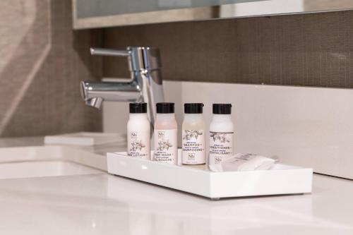 罗缪勒斯底特律大都会机场三角洲酒店的浴室水槽,柜台上备有3瓶洗发水