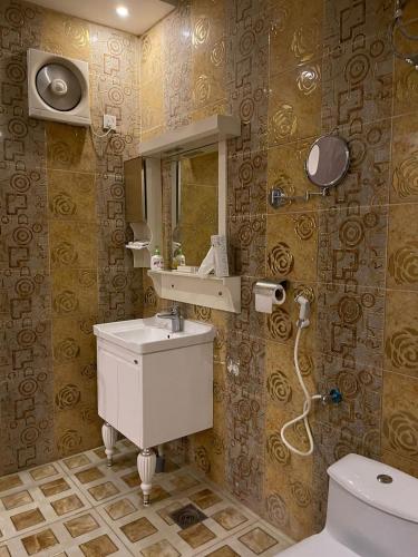 吉赞فندق مرسى جيزان的一间带水槽、镜子和卫生间的浴室