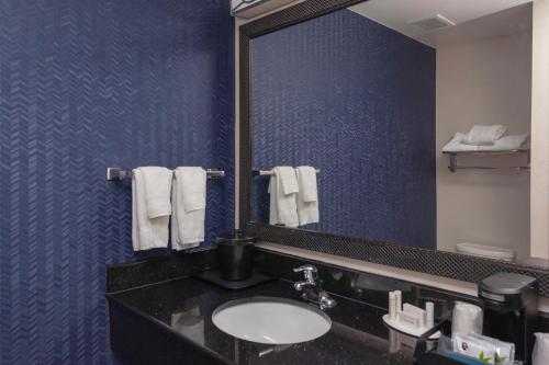 夏洛特Fairfield Inn & Suites by Marriott Matthews Charlotte的一间带水槽和大镜子的浴室