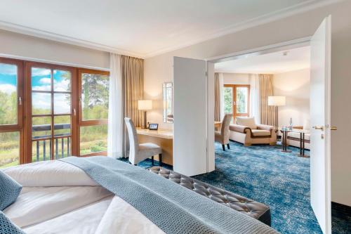 波恩波恩费努斯贝格多瑞特酒店的配有一张床和一张书桌的酒店客房