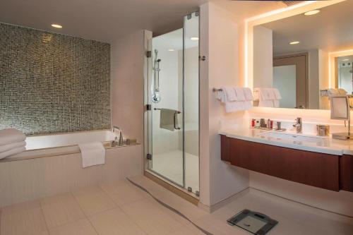 华盛顿马奎斯万豪酒店华盛顿特区 的带淋浴、盥洗盆和镜子的浴室