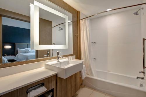 奥兰治堡SpringHill Suites by Marriott Orangeburg的一间带水槽、浴缸和镜子的浴室