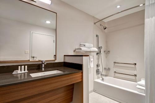 锡林斯格罗夫Fairfield Inn & Suites by Marriott Selinsgrove的一间带水槽、浴缸和镜子的浴室