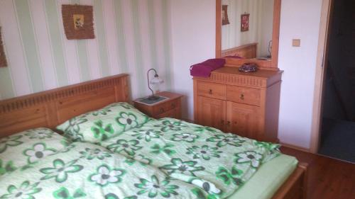 ŠluknovCountry club Konírna的一间卧室配有一张床、梳妆台和镜子