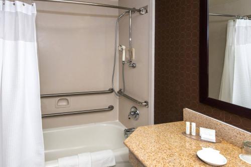 桑福德SpringHill Suites by Marriott Orlando North-Sanford的浴室配有浴缸、淋浴和水槽