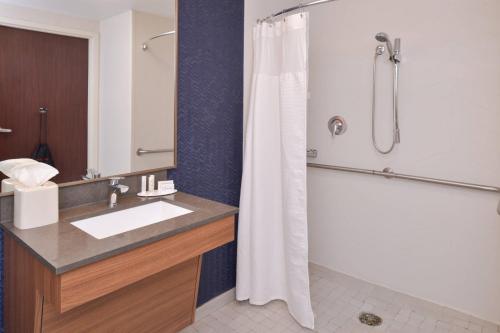 新斯坦顿匹兹堡新斯坦顿新站费尔菲尔万豪酒店和套房的浴室配有淋浴帘和盥洗盆。