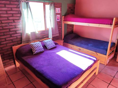 埃博森Cabaña Los Lúpulos的客房配有带紫色床单的双层床。