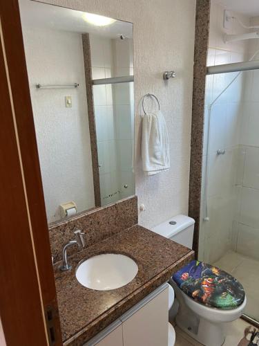 纳塔尔Lindo flat sem custos adicionais的一间带水槽、卫生间和镜子的浴室