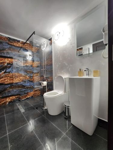 TeşilaVila Karina的浴室配有卫生间、淋浴和盥洗盆。
