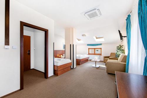 比尔森Hotel Palace的一间带沙发的客厅和一间带一个房间的房间