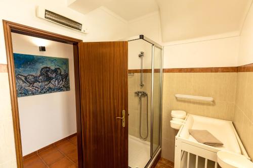 埃里塞拉Spacious 3 bedroom house w/ swimming pool的带淋浴和卫生间的浴室以及玻璃门。