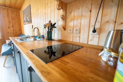 埃基斯蒂尔Hengifosslodge Skáldahús的厨房配有水槽和台面