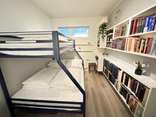 雷克雅未克Modern 2 bedroom apartment in Kópavogur的带书架的客房内的双层床