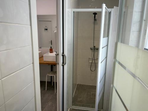 圣地亚哥－德孔波斯特拉Albergue SCQ的带淋浴的浴室和玻璃门