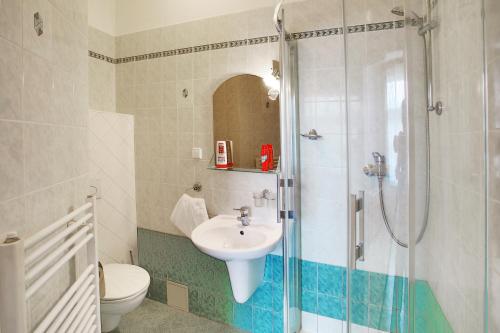 赫鲁巴斯卡拉Pension Harmonie的带淋浴、盥洗盆和卫生间的浴室
