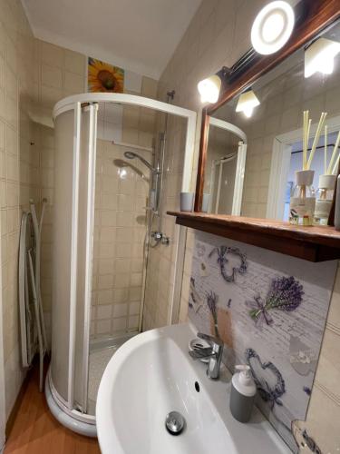圣雷莫Casa vacanze Nido al Mare的带淋浴和白色盥洗盆的浴室