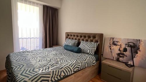 斯科普里Skopje LEKS apartment的一间卧室设有一张大床和大窗户