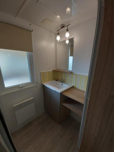 弗雷瑞斯Location mobile home 6 personnes a fréjus的一间带水槽和镜子的浴室
