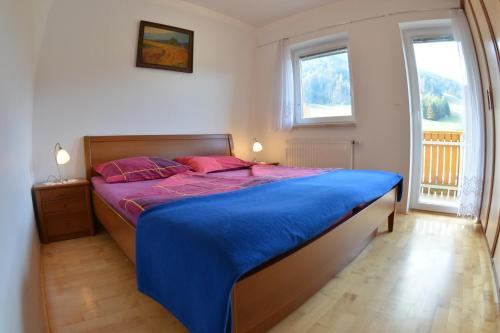 克拉尼斯卡戈拉Apartments Rožič的一间卧室配有一张带蓝色床单的床和一扇窗户。