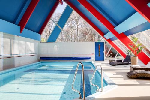 登多尔德恩斯特瑟勒姆霍夫酒店的一个带蓝色和红色天花板的游泳池