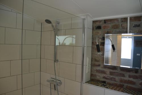 Hoensbroekhet Bakhuis的带淋浴和镜子的浴室