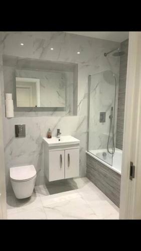 坎伯利Central Camberley Apartment - Parking - Garden的浴室配有卫生间、盥洗盆和浴缸。
