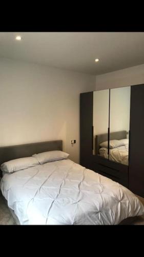 坎伯利Central Camberley Apartment - Parking - Garden的卧室配有白色的床和镜子