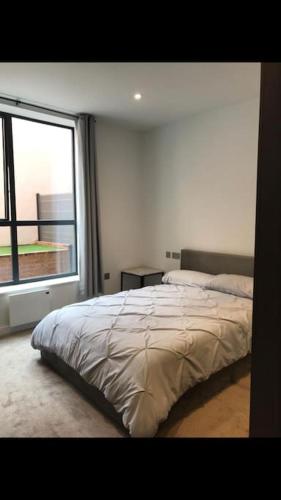坎伯利Stylish Camberley Apartment的一间卧室设有一张床和一个大窗户