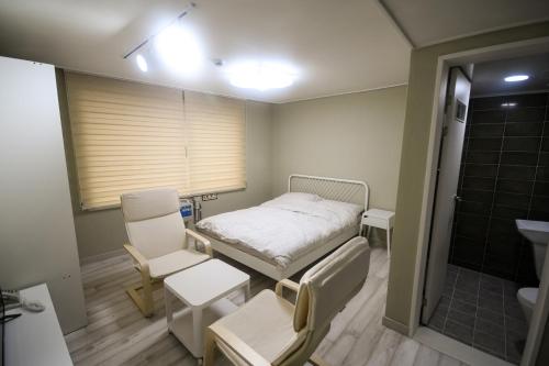 仁川市Bluehum Guest house的一间医院间,配有一张床和淋浴
