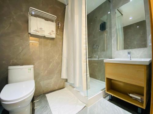 Mazaalai Hotel的浴室配有卫生间、盥洗盆和淋浴。